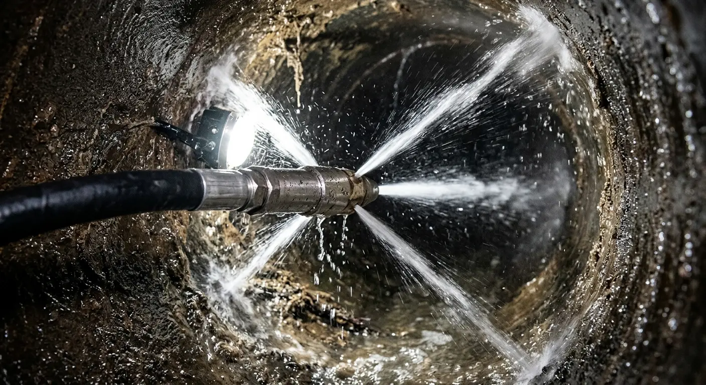 High-pressure hydro jetting nozzle cleaning sewer pipe for Emergency Drain Service in Boone