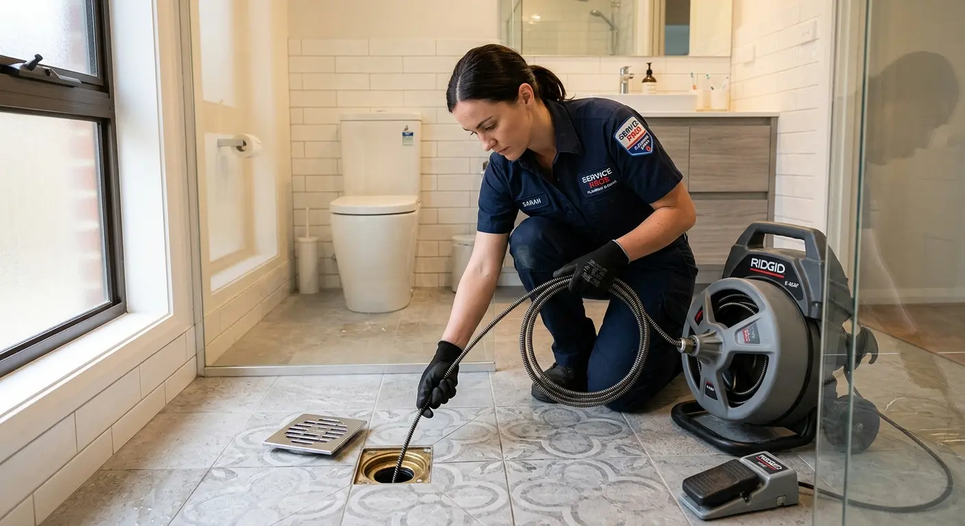 Technician clearing a bathroom floor drain for Drain Cleaning in Boone